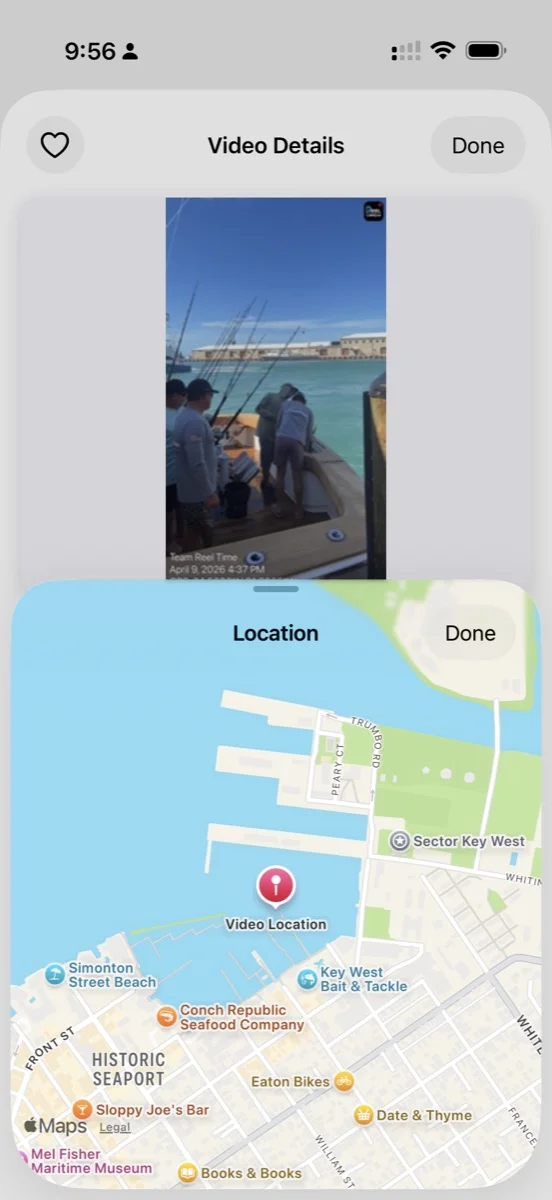 ReelCam video details showing the capture time and map location